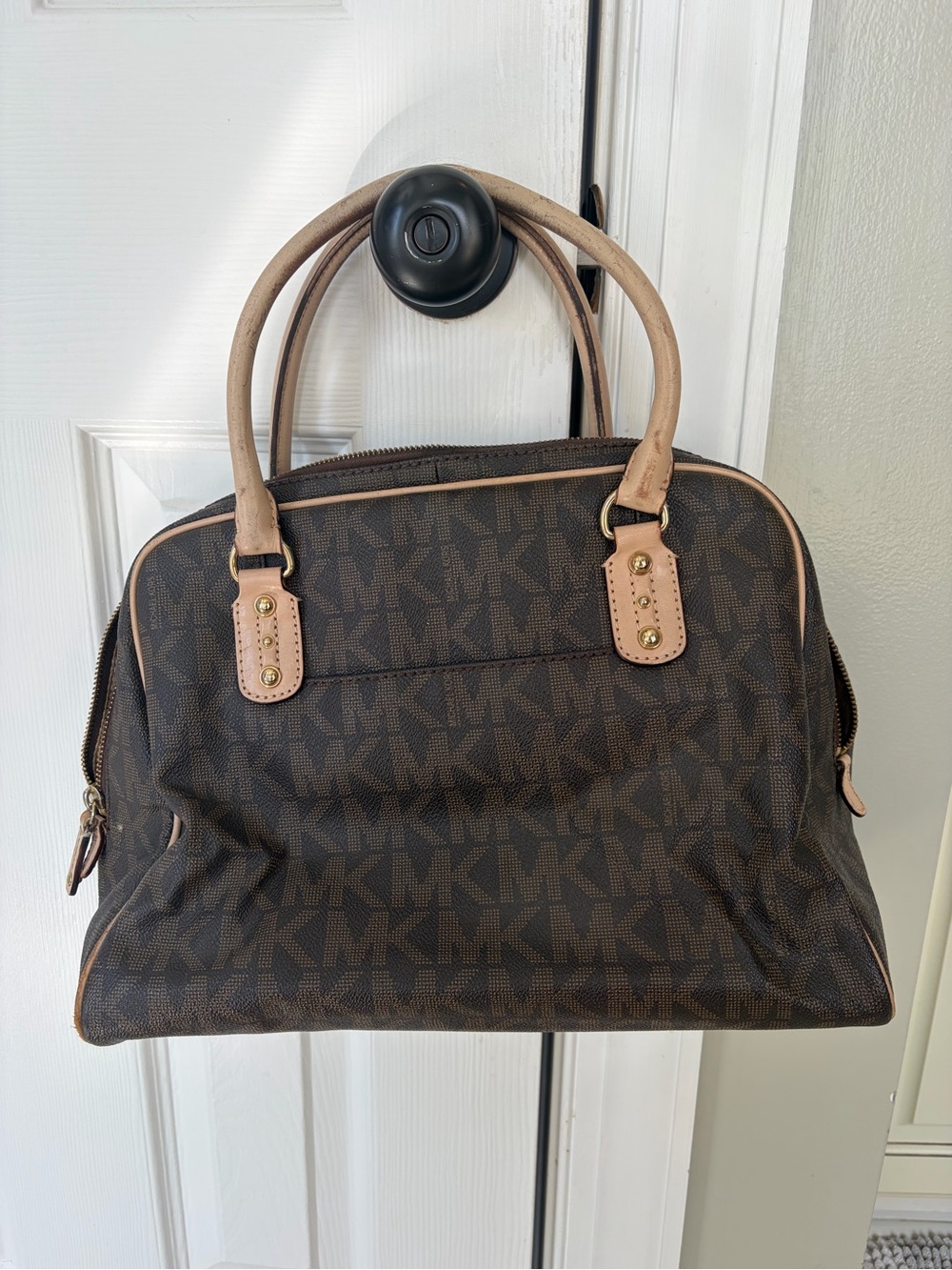 Michael Kors Dark Brown MK Logo Dome Satchel with Light Tan Trim - Picture 4 of 10